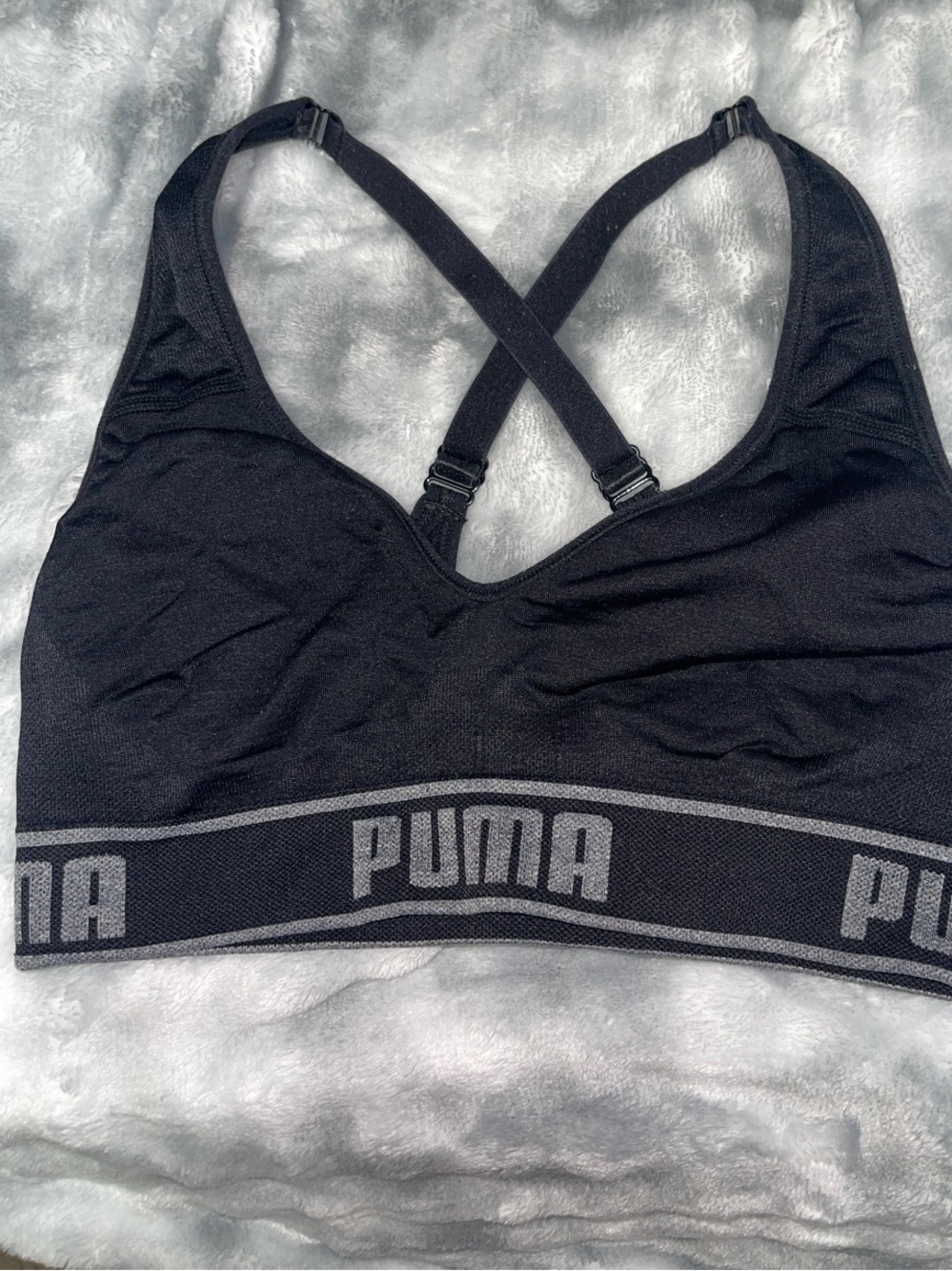 Puma Black Sports Bra with Gray Logo Elastic Band and Cross-Back Straps size m